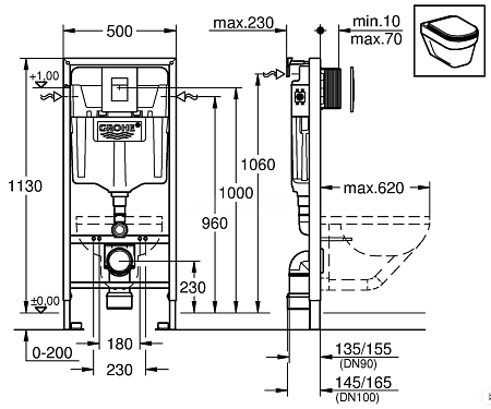 Комплект унитаз Eletto Amelia Vortex EL00891 + инсталляция Grohe Rapid SL (38772001)