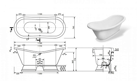 Ванна из литьевого мрамора Эстет Бостон (без ножек) (1800*740*460)