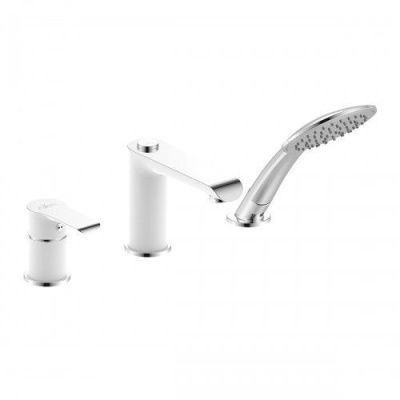 Смеситель на борт ванны на три отверстия Rossinka W40-39, с монолитным изливом, хром/белый