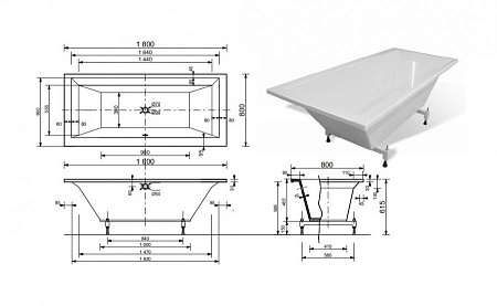Ванна из литьевого мрамора Эстет Стелла (1800*800*465), без ножек